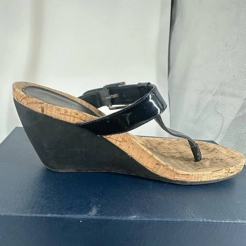 Ralph Lauren Black Women's Roseanne T-Strap Sandals Cork Patent Leather Size 8